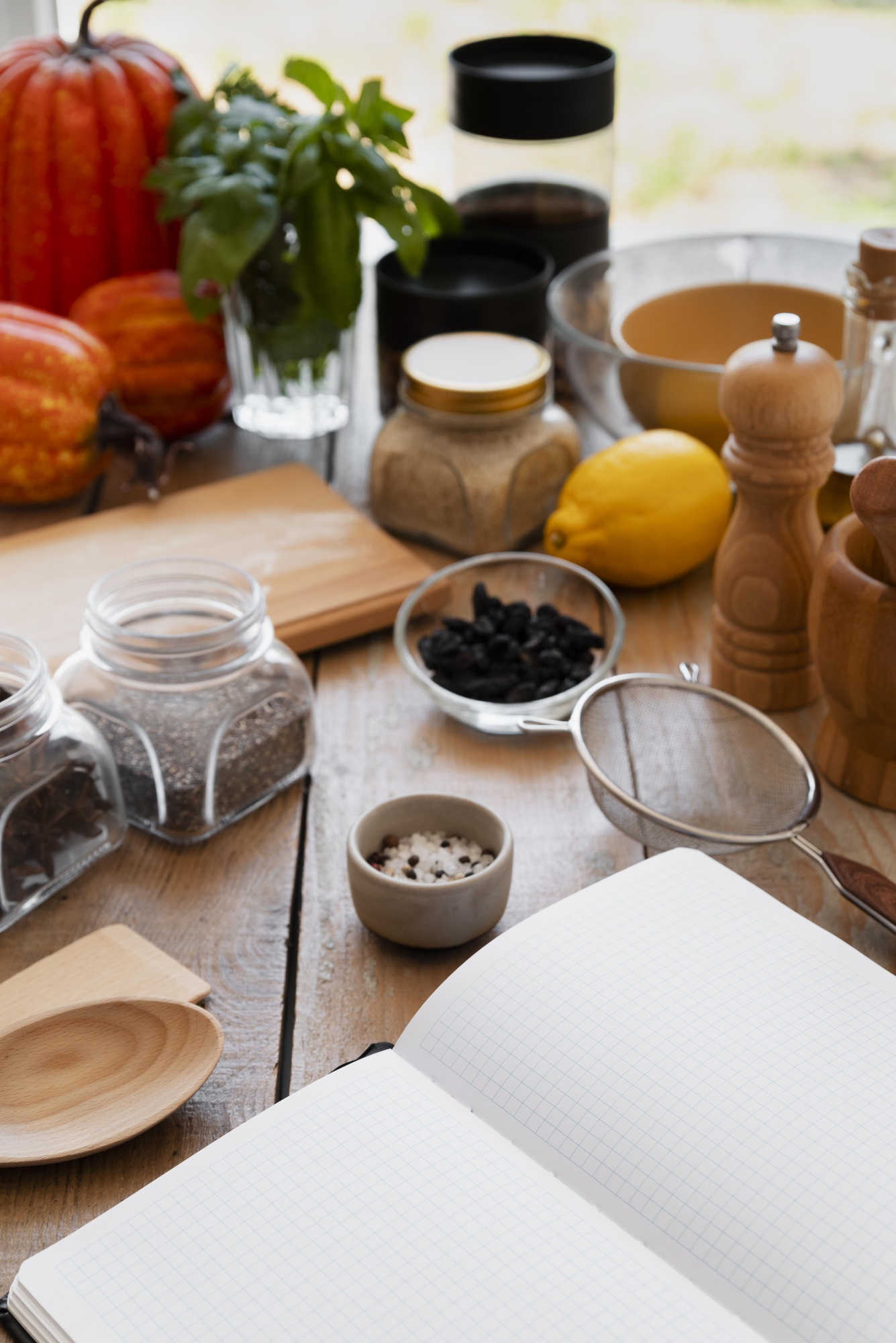 Workshop table with measured ingredients and recipe notes